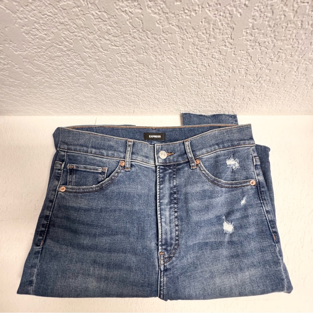 Express Blue High Rise Distressed Jeans Womans 8 Long - Picture 4 of 7
